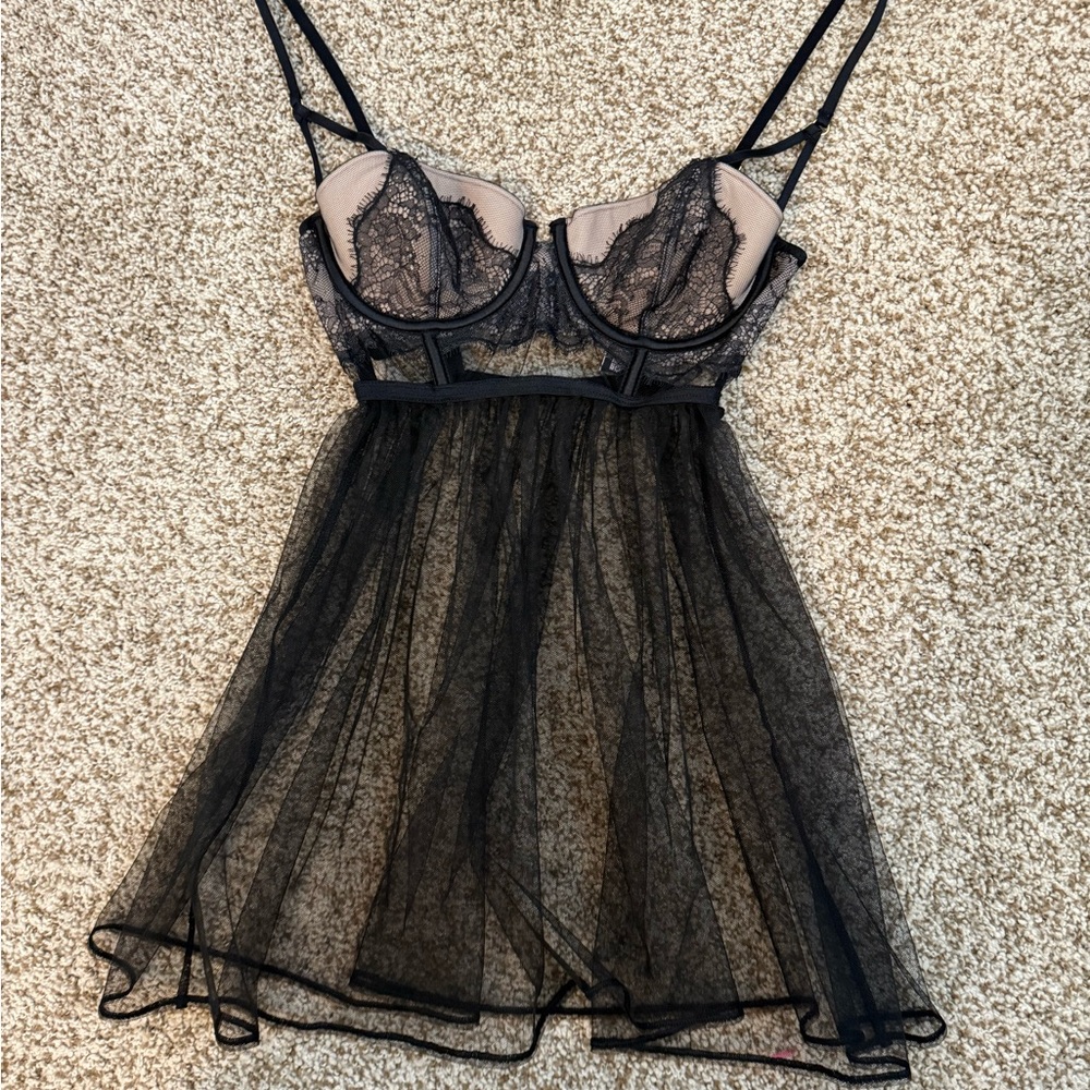 Victoria's Secret Black Mesh Babydoll with Lace Detail- 34B